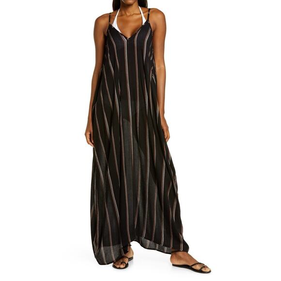 Elan Maxi Dress Cover Up Small Black White Stripes Pockets Adjustable Straps - Picture 1 of 8